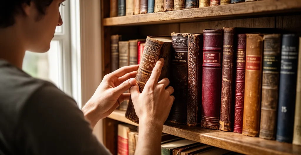 Main effleurant des reliures anciennes sur étagère en bois dans bibliothèque personnelle