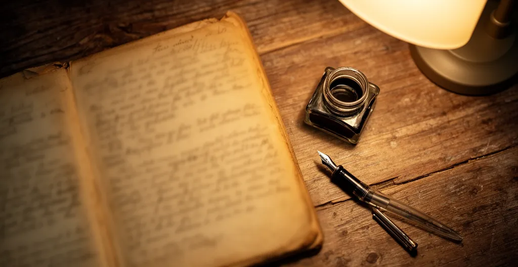 Pages manuscrites ouvertes sur bureau en bois ancien avec plume et encrier