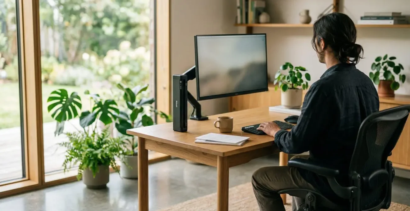 Espace de travail domicile épuré avec scanner portable rangé verticalement à côté d'un écran d'ordinateur