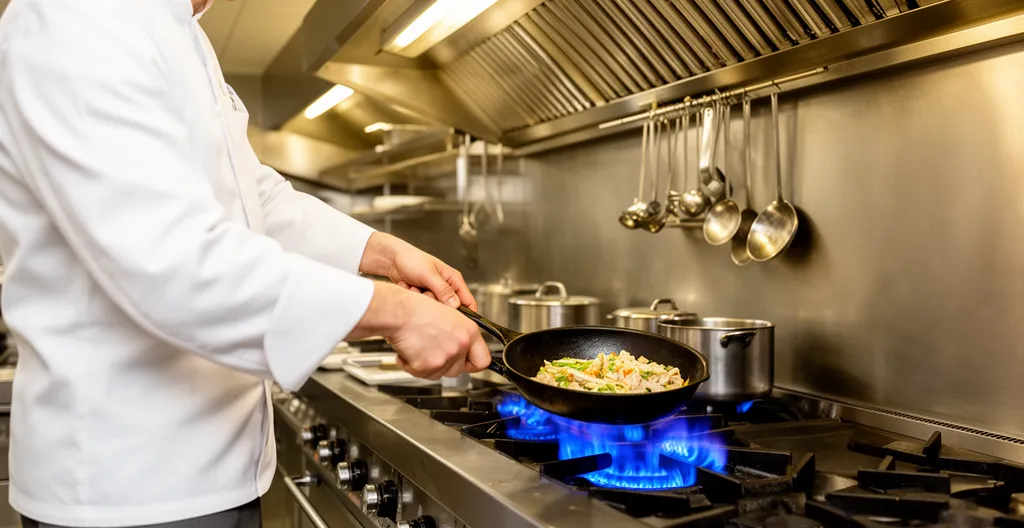 Chef cuisinier utilisant des fourneaux au gaz propane dans une cuisine de restaurant