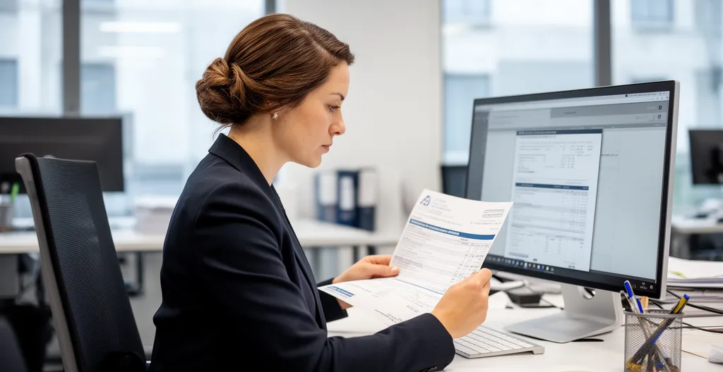 Directrice administrative PME analysant facture énergie sur écran ordinateur