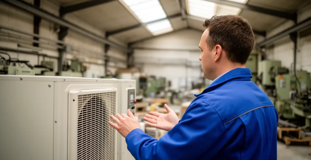 Dirigeant PME inspectant équipement de chauffage industriel dans atelier