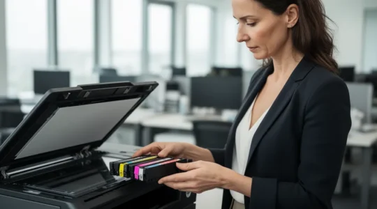 Employée de bureau française examinant les cartouches d'une imprimante HP ouverte