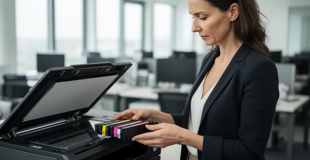 Employée de bureau française examinant les cartouches d'une imprimante HP ouverte