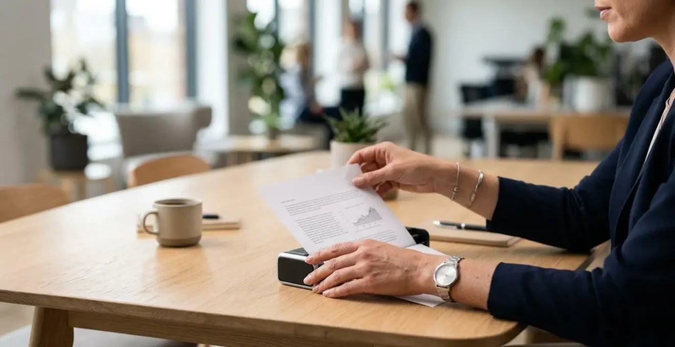 Mains d'un professionnel insérant un document dans un scanner compact posé sur une table de réunion
