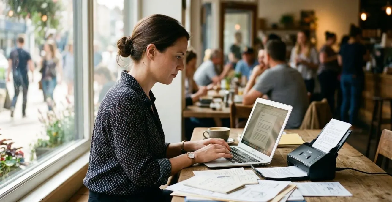 Professionnel de profil travaillant dans un espace coworking lumineux, scanner compact posé à côté de son ordinateur portable