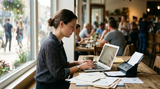 Professionnel de profil travaillant dans un espace coworking lumineux, scanner compact posé à côté de son ordinateur portable