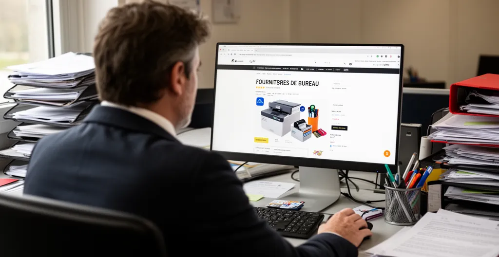 Responsable administratif français consultant un site de fournitures bureautiques sur écran