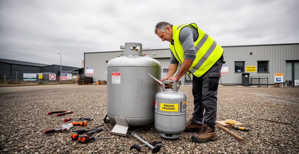 Technicien inspectant installation citerne propane sur site entreprise