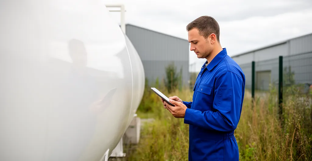 Technicien inspectant une citerne de gaz propane professionnel sur site industriel