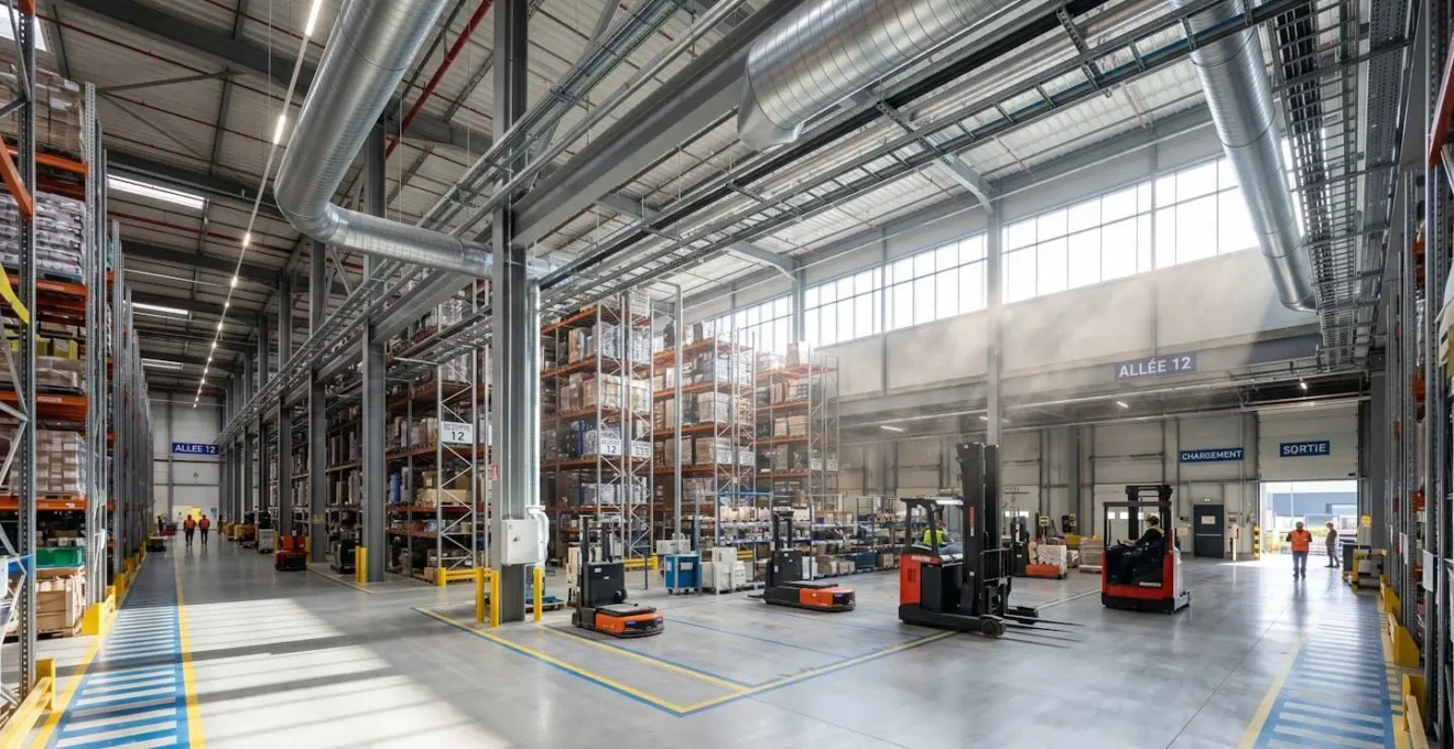 Intérieur d'un entrepôt industriel moderne avec de fines particules de poussière visibles dans les rayons de lumière naturelle