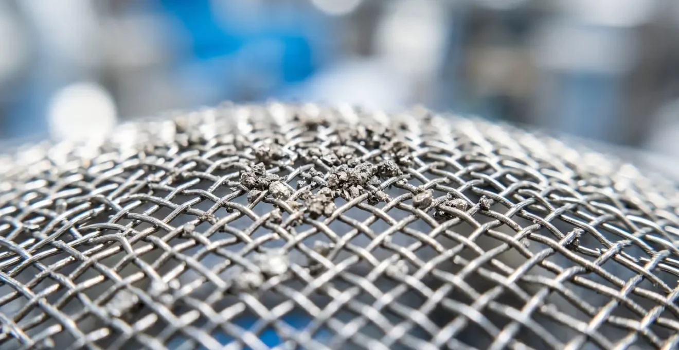 Gros plan sur des particules de poussière industrielle accumulées sur un filtre à mailles métalliques