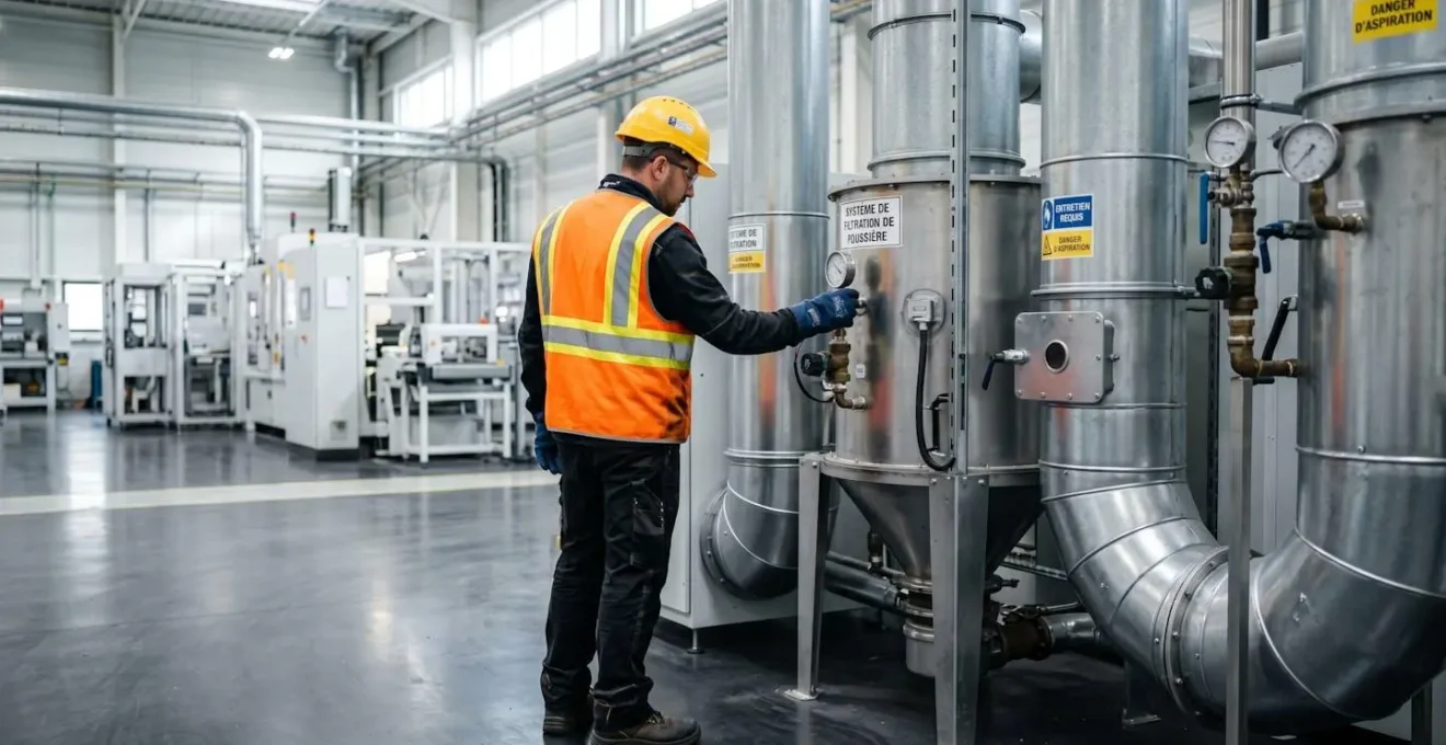 Opérateur industriel en équipement de sécurité inspectant un système de dépoussiérage, vu de dos dans un atelier moderne