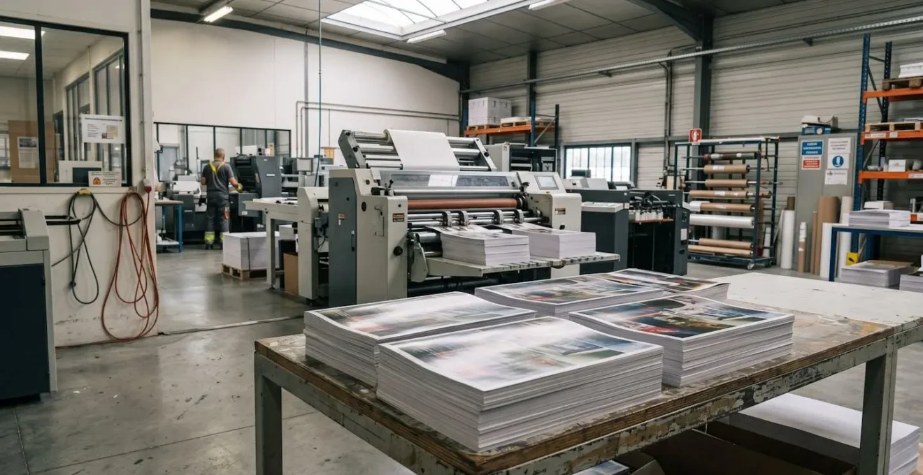 Atelier d'impression professionnel avec machine de finition et supports imprimés fraîchement pelliculés sur table de travail