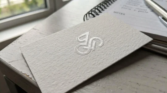 Gros plan d'une carte de visite avec logo en relief et vernis sélectif sur papier texturé, posée sur un bureau