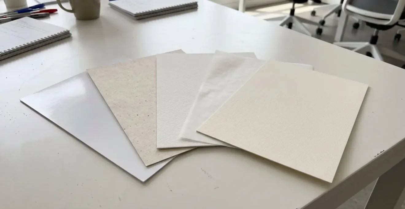 Échantillons de différents types de papiers (couché, texturé, recyclé) disposés en éventail sur une table de travail