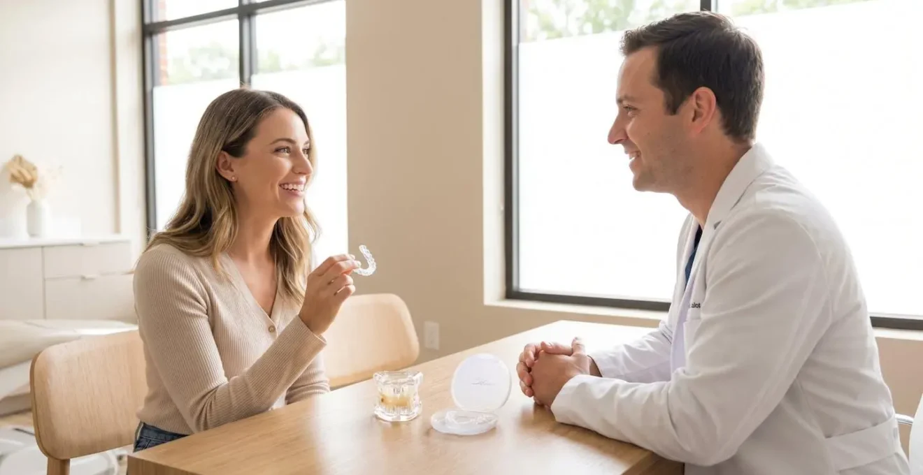 Adulte adulte en consultation chez un orthodontiste, examinant un modèle dentaire et une gouttière transparente posée sur un plateau