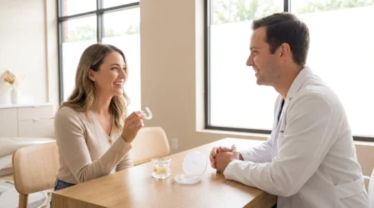 Adulte adulte en consultation chez un orthodontiste, examinant un modèle dentaire et une gouttière transparente posée sur un plateau