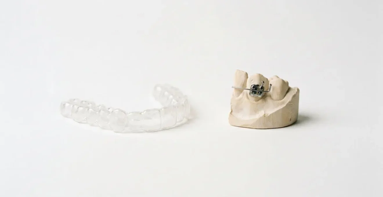 Gouttière transparente Invisalign et bague métallique photographiées côte à côte sur une surface blanche épurée