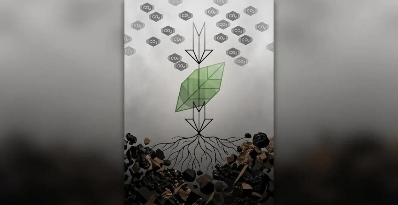 Composition abstraite verticale illustrant le trajet du carbone de l'atmosphère (molécules CO2 en haut) vers le stockage dans l'humus du sol (agrégats sombres en bas) via la photosynthèse et les racines