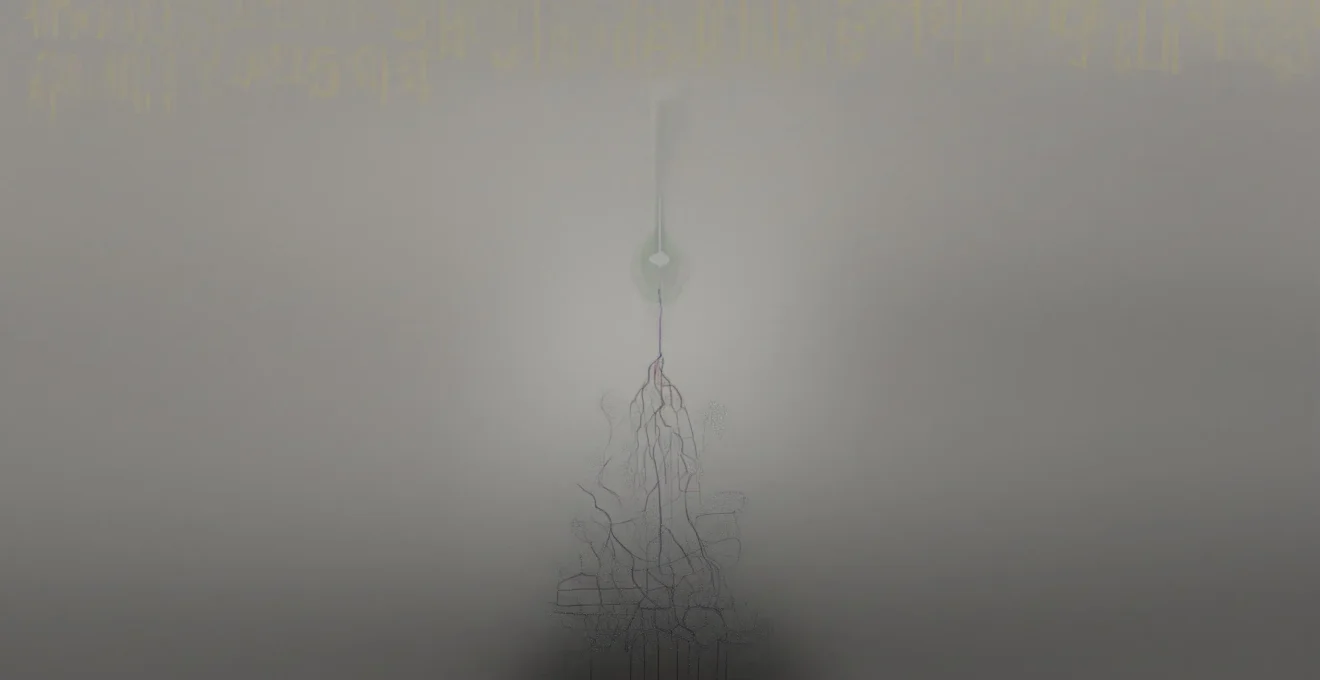 Composition abstraite verticale illustrant le trajet du carbone de l'atmosphère (molécules CO2 en haut) vers le stockage dans l'humus du sol (agrégats sombres en bas) via la photosynthèse et les racines