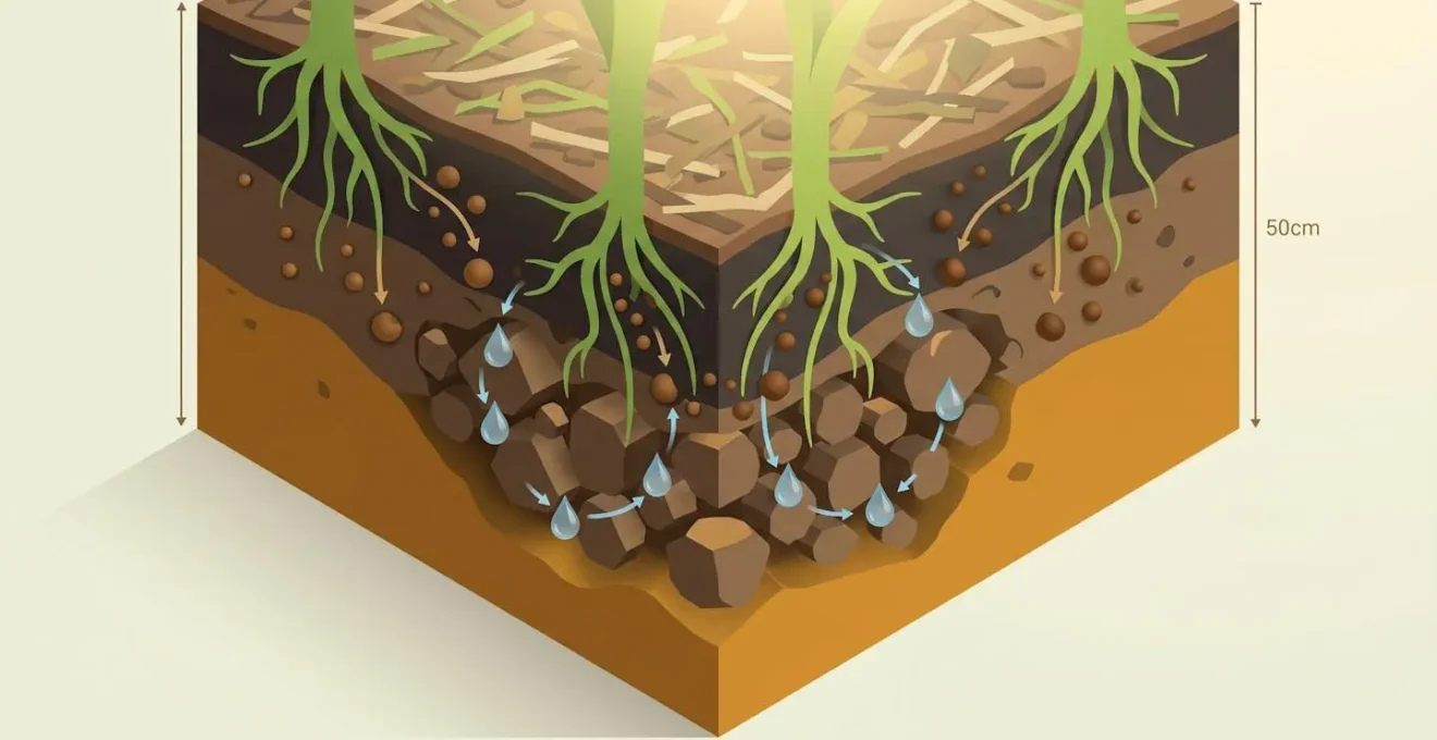 Illustration en coupe isométrique d'un sol agricole montrant les cycles du carbone (sphères brunes) et de l'eau (gouttes bleues) s'interconnectant dans les strates du sol autour des racines végétales