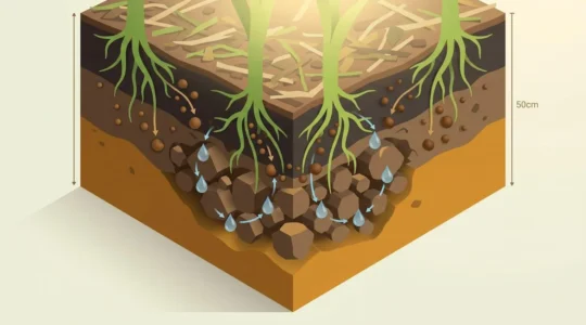 Illustration en coupe isométrique d'un sol agricole montrant les cycles du carbone (sphères brunes) et de l'eau (gouttes bleues) s'interconnectant dans les strates du sol autour des racines végétales