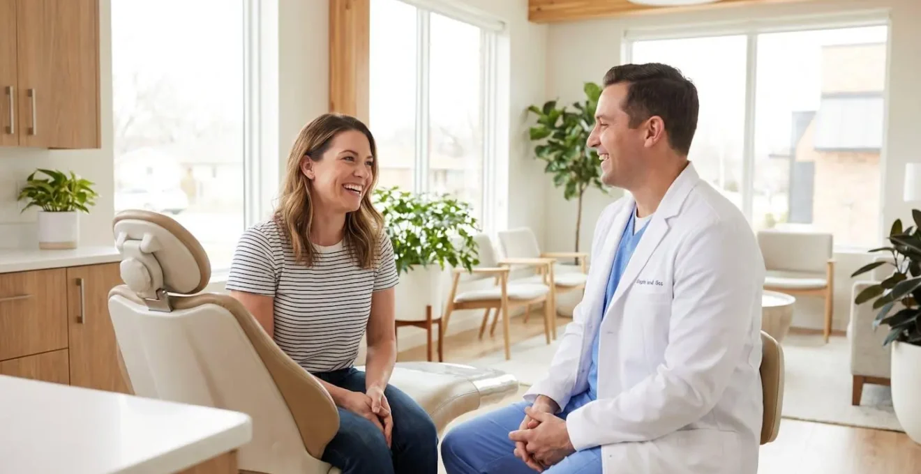 Patient adulte souriant lors d'une consultation orthodontique dans un cabinet moderne, discutant d'un plan de traitement avec son praticien