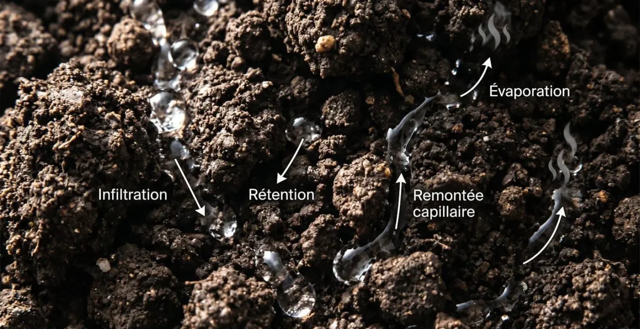 Photographie macro d'agrégats de sol avec gouttes d'eau illustrant les différents trajets : infiltration, rétention dans les pores, remontée capillaire et évaporation, indiqués par flèches blanches annotées en français