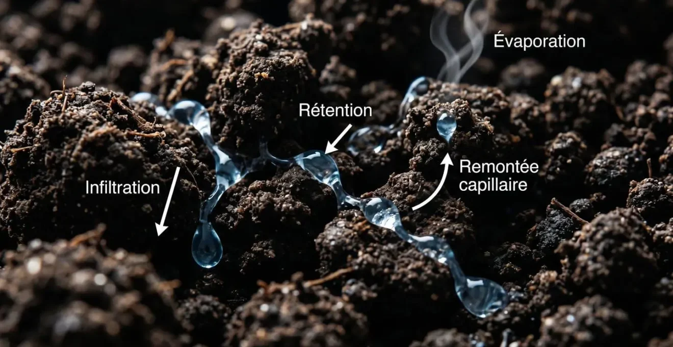 Photographie macro d'agrégats de sol avec gouttes d'eau illustrant les différents trajets : infiltration, rétention dans les pores, remontée capillaire et évaporation, indiqués par flèches blanches annotées en français