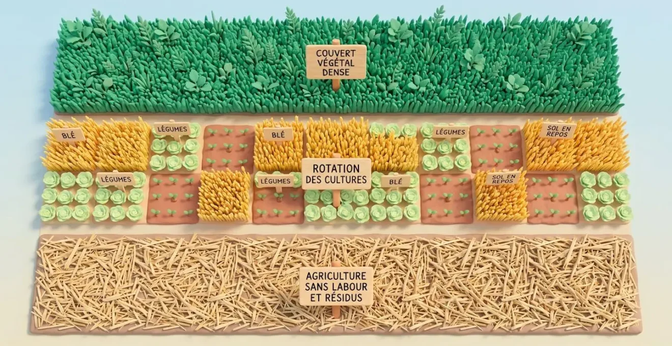 Vue aérienne symétrique stylisée d'une parcelle divisée en trois bandes illustrant couverts végétaux verts, rotation culturale en mosaïque et sol non travaillé avec résidus, sans machines ni personnages