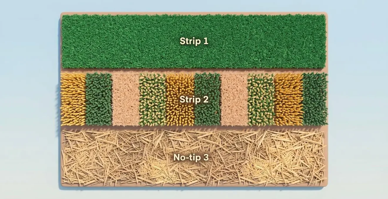 Vue aérienne symétrique stylisée d'une parcelle divisée en trois bandes illustrant couverts végétaux verts, rotation culturale en mosaïque et sol non travaillé avec résidus, sans machines ni personnages