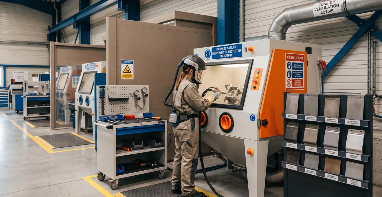 Atelier de traitement de surface industriel avec équipement de sablage professionnel et technicien en tenue de protection