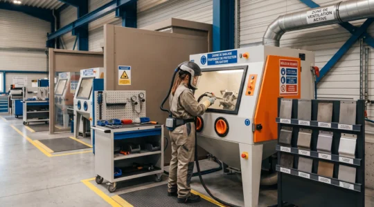 Atelier de traitement de surface industriel avec équipement de sablage professionnel et technicien en tenue de protection