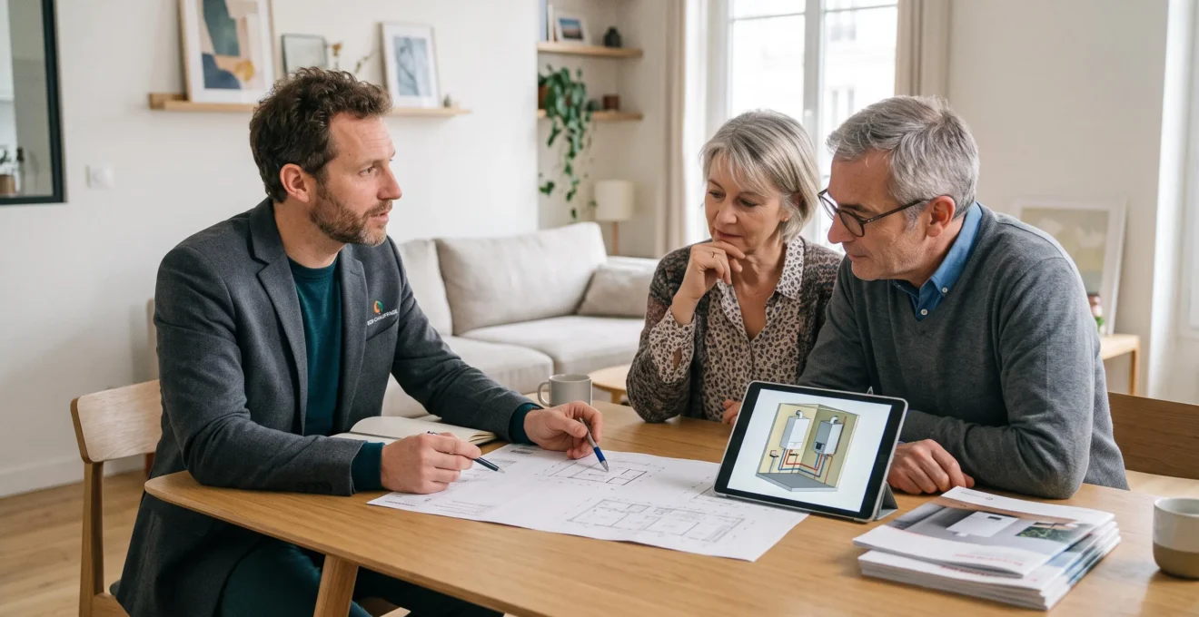 Chauffagiste professionnel conseillant un couple de propriétaires sur le choix d'une solution de chauffage, assis autour d'une table avec plans techniques et tablette