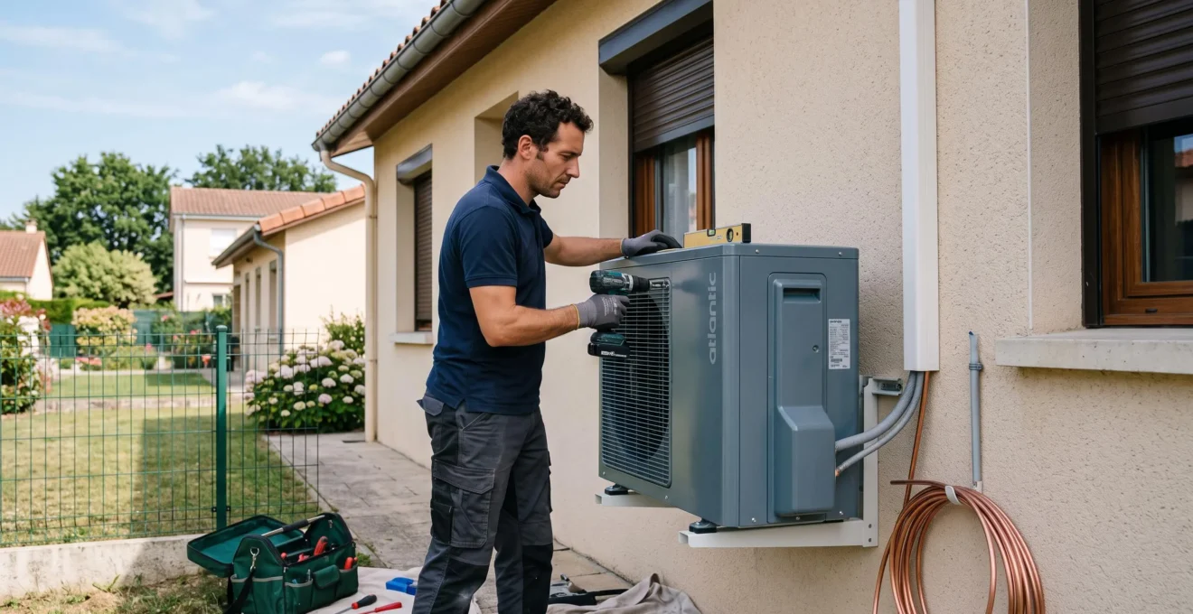 Chauffagiste professionnel installant une unité extérieure de pompe à chaleur sur la façade d'une maison individuelle française, outils de pose visibles