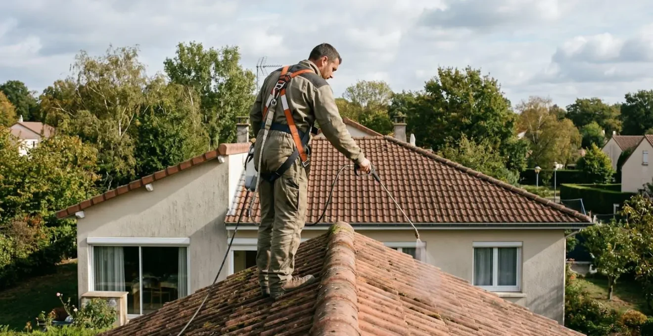 Couvreur professionnel équipé d'un harnais de sécurité appliquant un traitement anti-mousse sur une toiture en tuiles d'une maison française, au printemps, avec ciel partiellement nuageux et végétation en arrière-plan