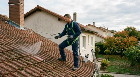 Couvreur professionnel équipé d'un harnais de sécurité appliquant un traitement anti-mousse sur une toiture en tuiles d'une maison française, au printemps, avec ciel partiellement nuageux et végétation en arrière-plan
