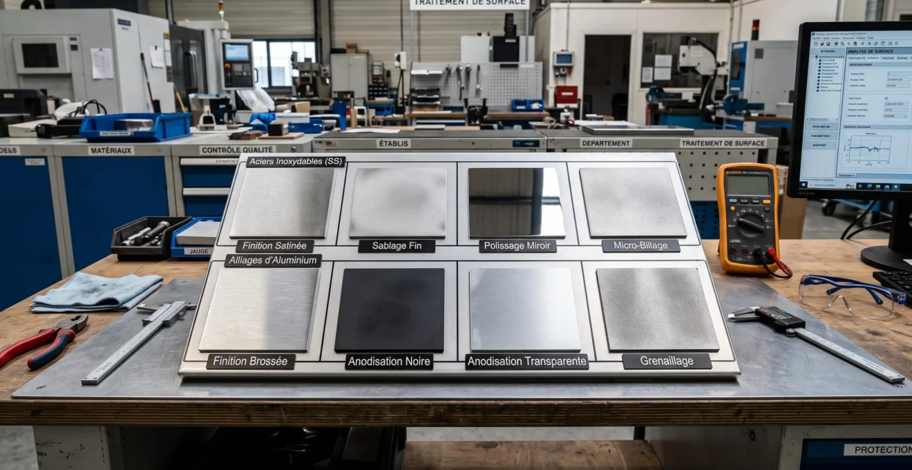 Échantillons de métaux traités par différentes techniques de surface disposés sur établi professionnel
