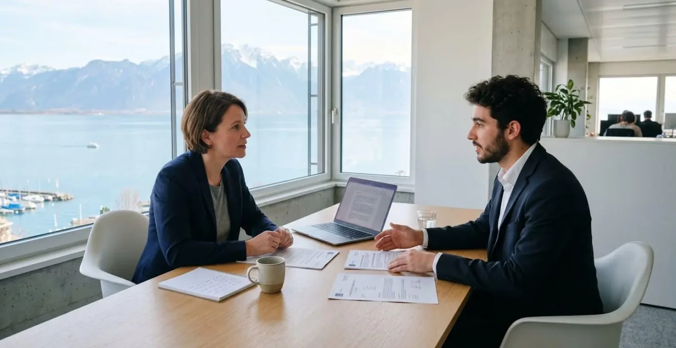 Entretien de recrutement dans un bureau moderne suisse avec consultant et candidat, documents de permis de travail sur la table, vue sur le Léman en arrière-plan