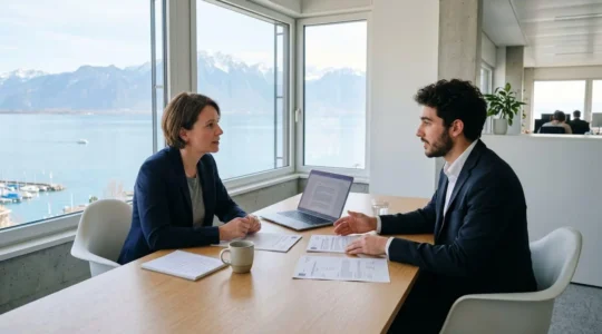 Entretien de recrutement dans un bureau moderne suisse avec consultant et candidat, documents de permis de travail sur la table, vue sur le Léman en arrière-plan
