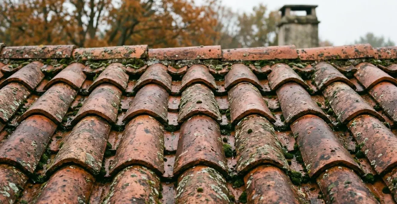 Gros plan sur tuiles en terre cuite françaises présentant une légère colonisation de mousse, photographiées dans des conditions d'humidité modérée typiques du printemps ou de l'automne