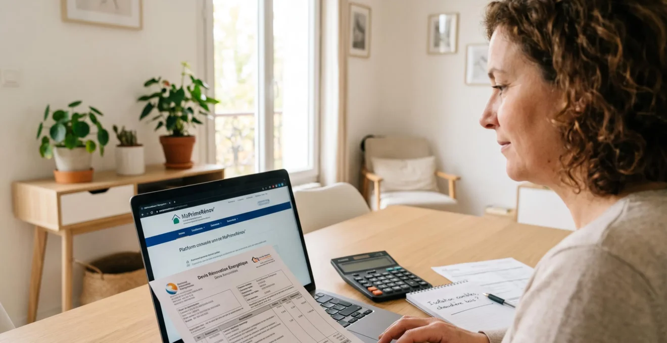 Propriétaire consultant la plateforme en ligne MaPrimeRénov' sur ordinateur portable pour déposer un dossier de financement rénovation chauffage, devis visible à côté