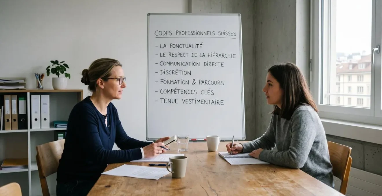 Session de préparation d'entretien dans bureau de recrutement avec consultant formant candidat français aux codes professionnels suisses