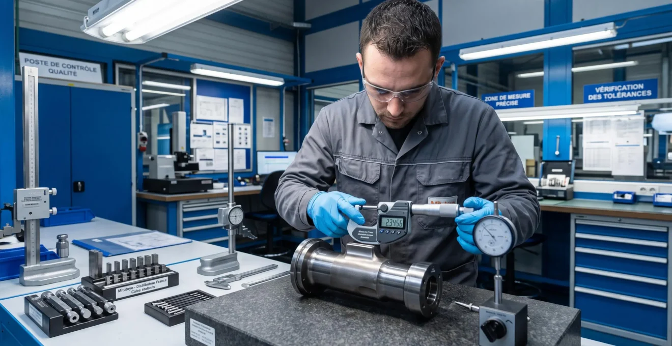 Technicien effectuant un contrôle qualité sur pièce métallique traitée avec instruments de mesure professionnels