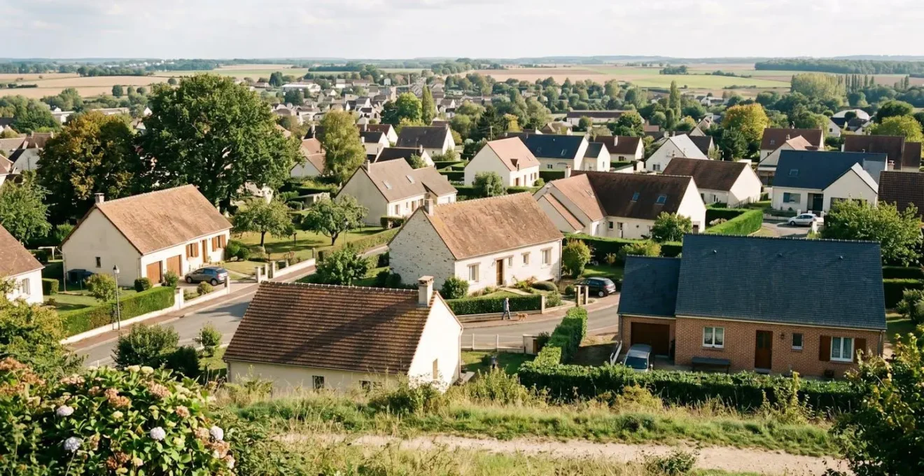 Vue panoramique d'un quartier résidentiel français montrant la diversité des types de toitures (tuiles et ardoises) et leur exposition dans un contexte climatique régional identifiable
