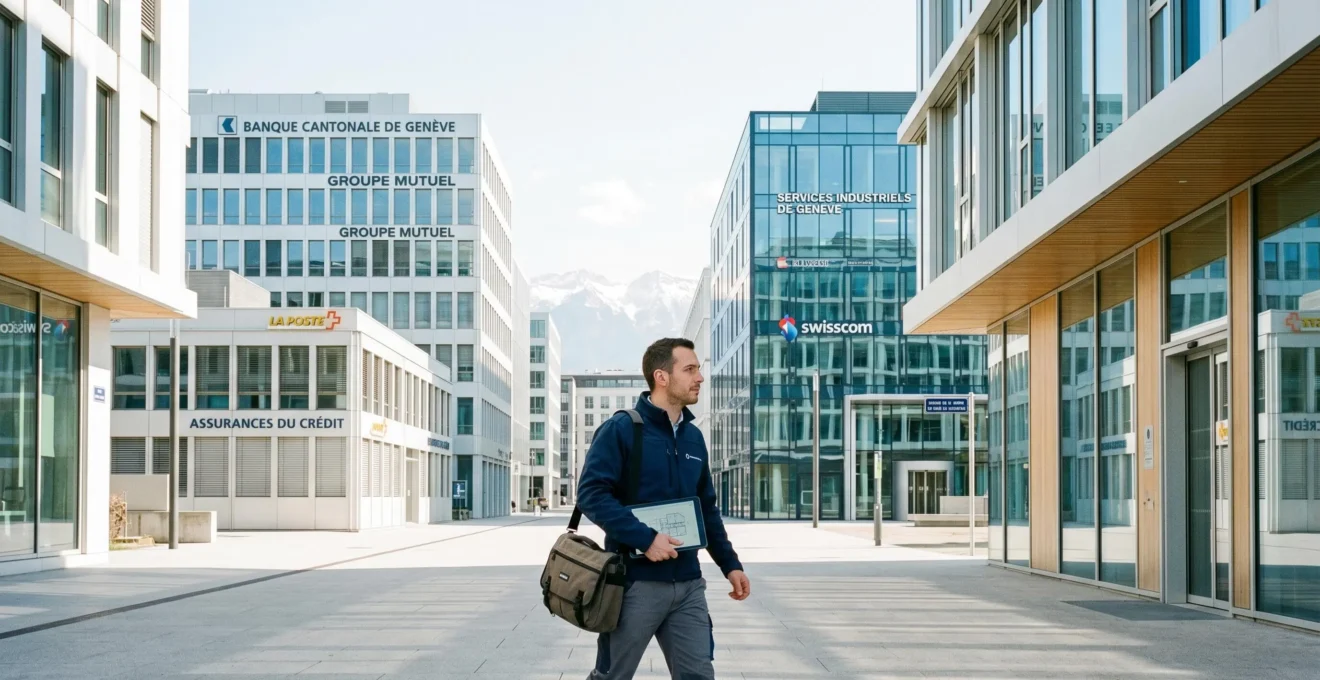Zone d'activité moderne en Suisse romande avec bâtiments d'entreprises internationales et professionnel français en prospection