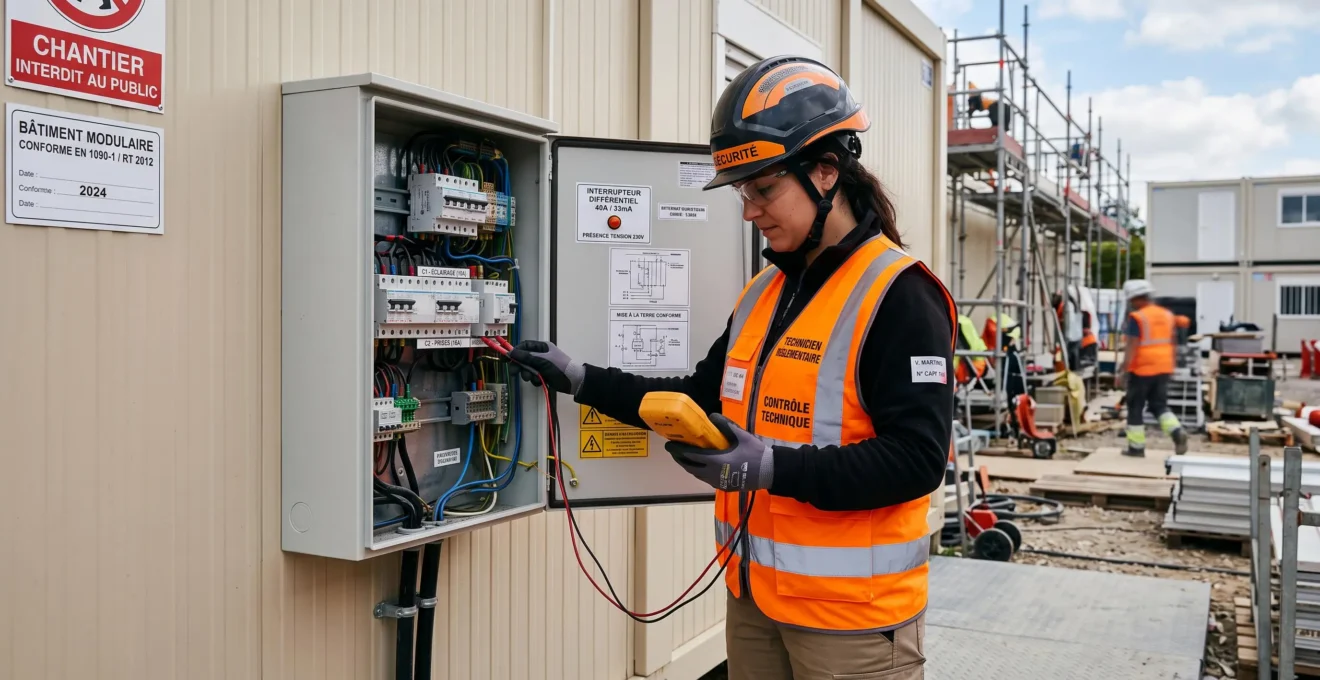Technicien effectuant un contrôle de conformité sur les installations électriques d'un module temporaire
