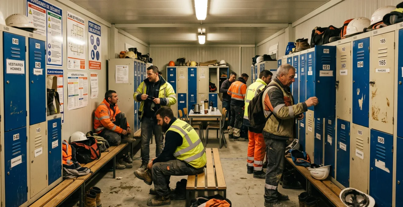 Intérieur d'un module temporaire aménagé en vestiaire avec des ouvriers se préparant pour leur service