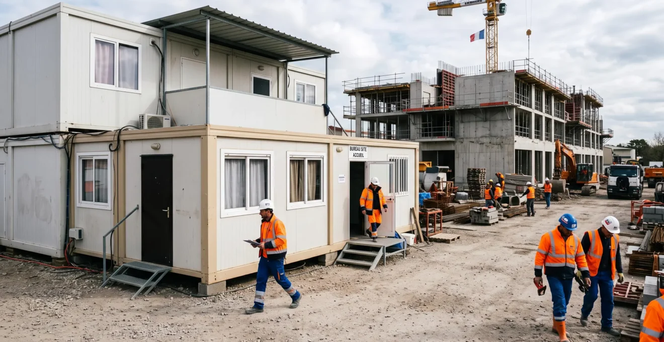 Modules temporaires préfabriqués installés sur un chantier de construction avec des ouvriers en tenue de sécurité